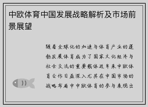 中欧体育中国发展战略解析及市场前景展望