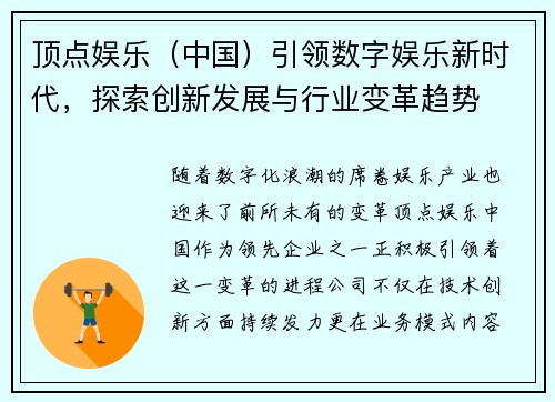 顶点娱乐（中国）引领数字娱乐新时代，探索创新发展与行业变革趋势